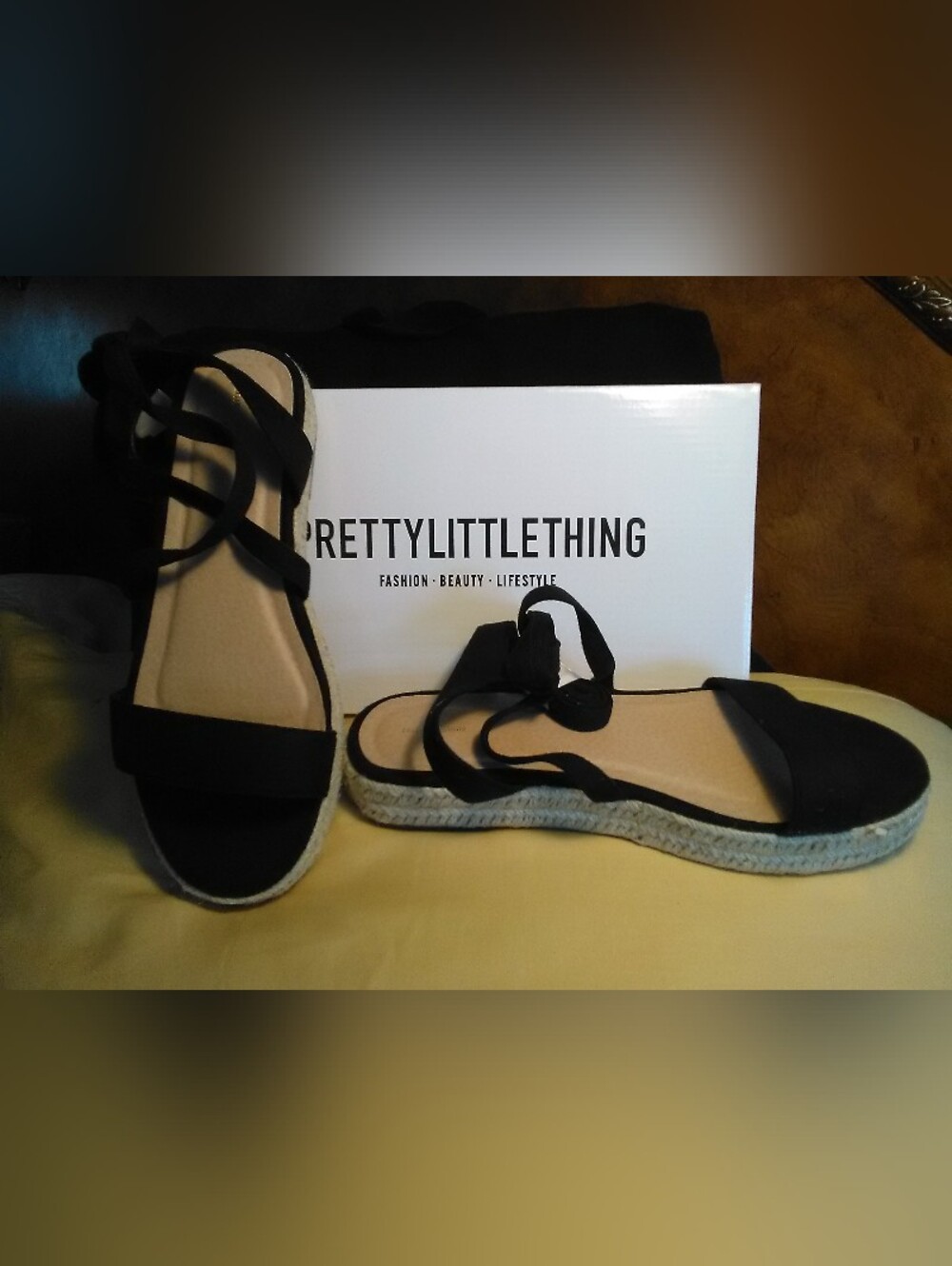 NIB PrettyLittleThing Black Lace-Up Espadrille Sandals CUSHIONED SZ. 6